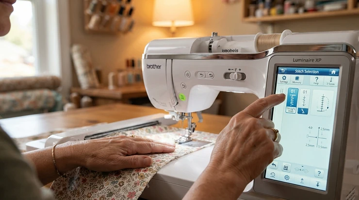 A novice crafter learning to use touchscreen sewing machines for beginners in a bright living room studio