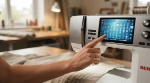 Browsing the digital stitch library on touchscreen sewing machines for beginners