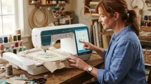 Browsing digital embroidery designs on the touchscreen of a WiFi-enabled sewing machine in a bright studio.