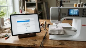Downloading embroidery updates wirelessly to a WiFi-enabled sewing machine via a tablet.