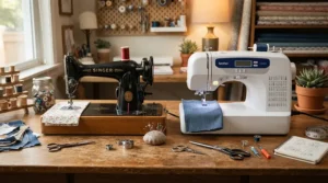 A side-by-side workspace comparison showing a traditional setup and a sleek WiFi-enabled sewing machine.