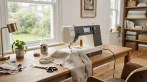 A compact WiFi-enabled sewing machine set up on a minimalist oak desk in a contemporary home.