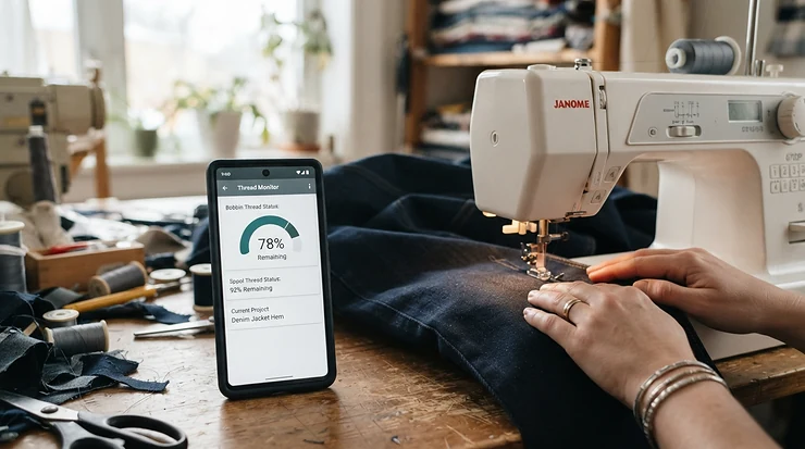 Monitoring stitch progress and remaining thread on a smartphone paired with a WiFi-enabled sewing machine.