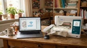 Sending a bespoke quilt pattern wirelessly from a laptop to a WiFi-enabled sewing machine.
