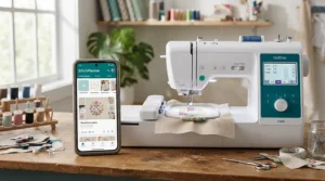 An app-connected WiFi sewing machine syncing project progress with a mobile phone on a bright crafting desk.