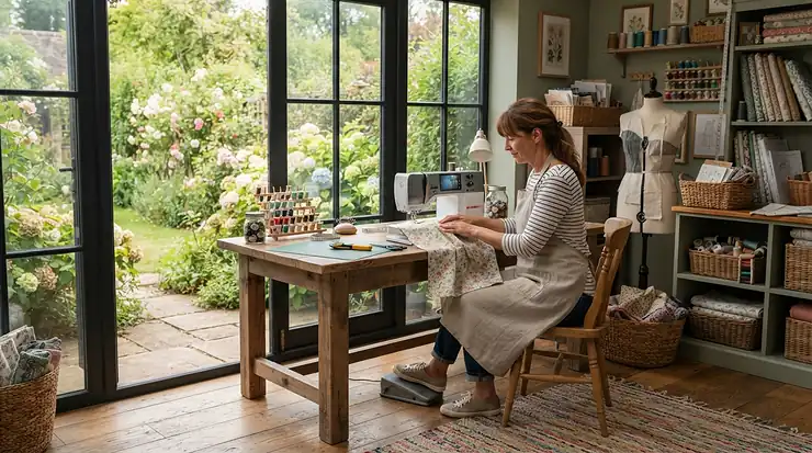 Accessing cloud-stored sewing templates directly from a WiFi sewing machine inside a garden studio.