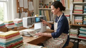 Browsing a digital library of embroidery designs on a WiFi sewing machine touchscreen in a period property.