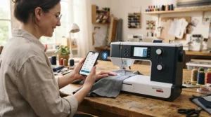 A tech-savvy crafter using a WiFi sewing machine with digital screen controls in a modern craft studio.