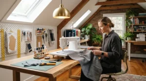 A WiFi sewing machine receiving wireless software updates while sitting in a bright loft craft room.