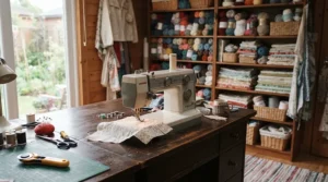 An all-in-one sewing machine positioned in a cosy home craft room with neatly organised shelves.