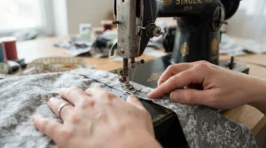 An all-in-one sewing machine stitching a hem on a handmade garment.