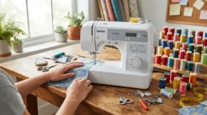 An all-in-one sewing machine set up on a wooden hobby table with colourful cotton reels.