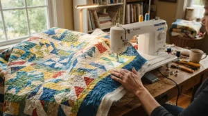 An all-in-one sewing machine managing a large patchwork quilt across its wide throat space.
