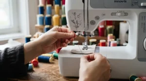 A beginner using an all-in-one sewing machine under £800, carefully threading the needle with colorful cotton