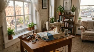 An all-in-one sewing machine under £800 placed on a small table in a cosy London apartment