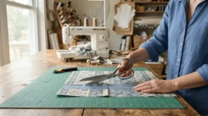 Cutting floral cotton fabric next to an all-in-one sewing machine under £800 for a handmade dress