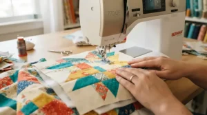 Piecing together patchwork squares on an all-in-one sewing machine under £800 during a weekend craft session