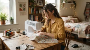 A young adult learning to sew garments on an all-in-one sewing machine under £800 at home