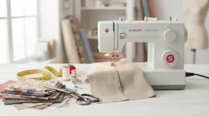An all-in-one sewing machine displayed alongside various fabric scraps and sewing tools.