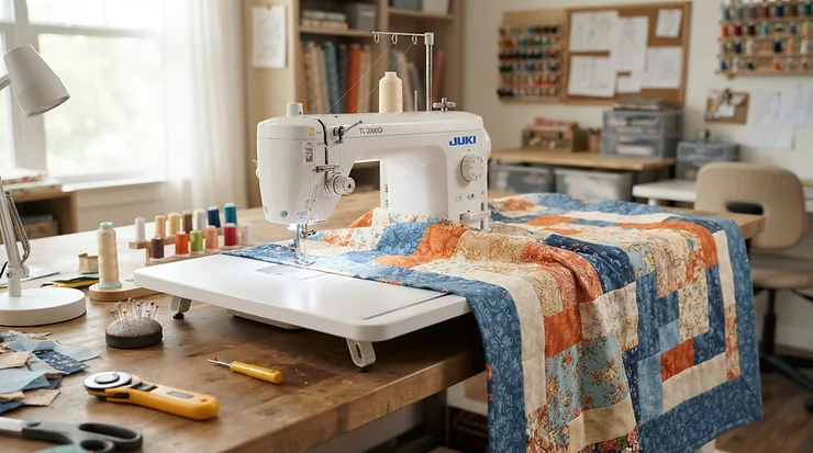 An all-in-one sewing machine showing its spacious throat area for bulky blankets.