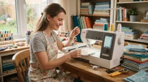 A beginner crafter threading a user-friendly combination sewing machine