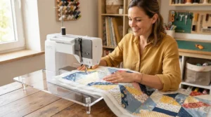 Working on beginner quilting projects using a reliable sewing quilting machine with an extension table.
