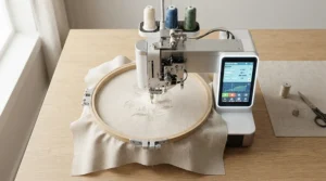 A combination sewing machine showing a large embroidery hoop attachment and digital screen