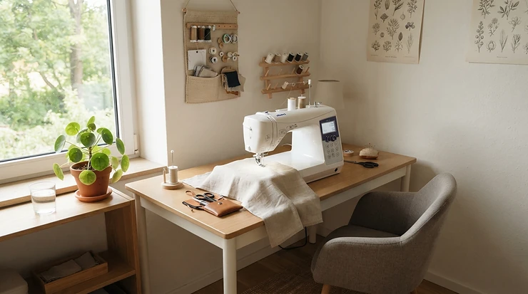 A compact model of combination sewing machines for beginners fitted into a small apartment craft corner