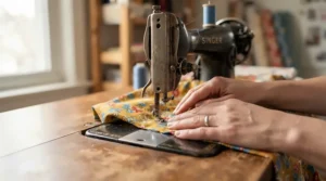 Close-up of fabric stitching using combination sewing machines for beginners in a cosy hobby room