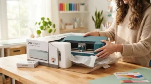 A novice crafter setting up combination sewing machines for beginners on a wooden craft table at home