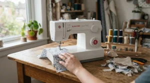 A versatile sewing and quilting machine set up neatly on a wooden craft desk for a home dressmaking session.
