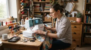 A hobbyist working on a 2-in-1 combination sewing machine in a cosy home studio