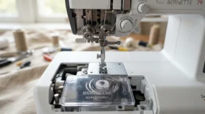 Detailed view of the threading area and bobbins on a high-tech combination sewing machine