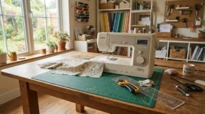 A complete home quilting setup featuring a versatile sewing quilting machine and cutting mat.