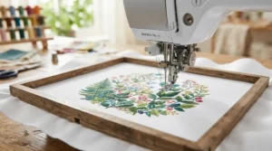 Close-up of a combination sewing machine stitching a detailed floral embroidery pattern