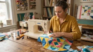 A compact combination sewing machine being used for patchwork quilting at a kitchen table