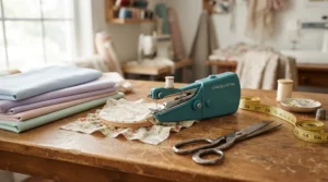 A lightweight portable sewing quilting machine set up for a local community craft workshop.