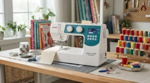 A dual-purpose sewing and embroidery machine set up on a craft room desk with thread spools nearby