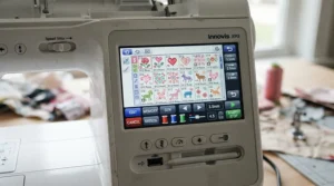 A sewing and embroidery machine displaying digitised designs on its bright touchscreen interface