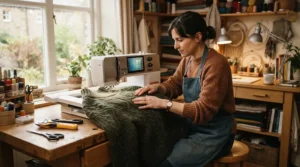 A crafter using a dual-purpose sewing and embroidery machine to hem and embellish a woollen coat