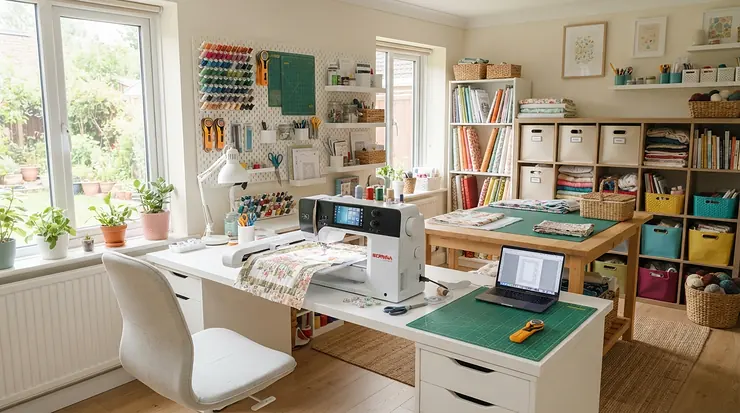 A modern sewing and embroidery machine resting in a well-organised home sewing studio