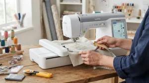 Demonstrating different embroidery hoop sizes on a modern sewing and embroidery machine table