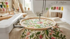 A sewing and embroidery machine fitted with a large hoop stitching a complex floral pattern on linen fabric