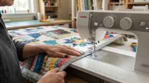 Attaching final fabric binding along the edge of a blanket using a robust sewing and quilting machine.