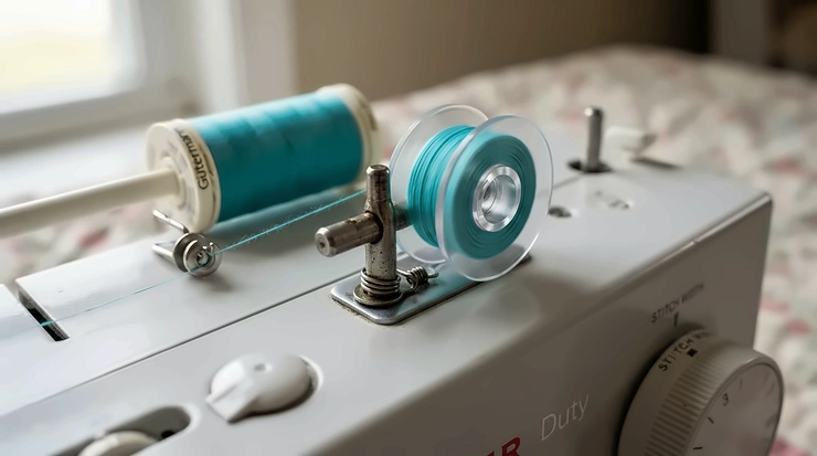Winding a fresh spool of thread on top of a modern sewing and quilting machine ready for a new project.