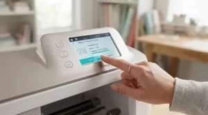 Selecting a decorative stitch pattern on the digital touch screen of an advanced sewing and quilting machine.