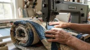 A close-up view of the generous throat space on a sewing and quilting machine as a maker feeds rolled quilt layers through.