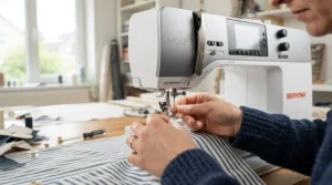 Fitting a walking foot attachment onto a heavy-duty sewing and quilting machine for precise patterned stitching.