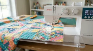 A sewing and quilting machine fitted with an extended table for working on a large patchwork project in a bright craft room.