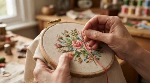 An affordable sewing embroidery combo machine stitching intricate patterns onto cotton fabric